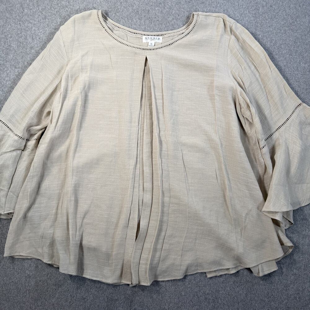 Studio JPR Women's XL Beige Bell Sleeve Layered Front Top Blouse Tunic Crepe